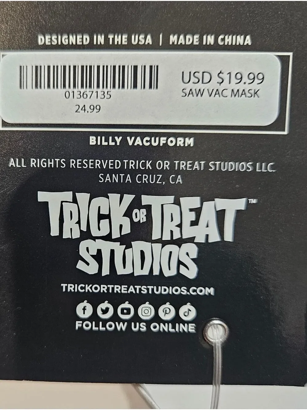 SAW Billy Puppet Vacuform Mask Red Eyes Horror Costume Trick or Treat Studios